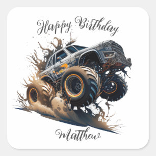 Cute Blue Brown Race Monster Truck Kids' Birthday Square Sticker