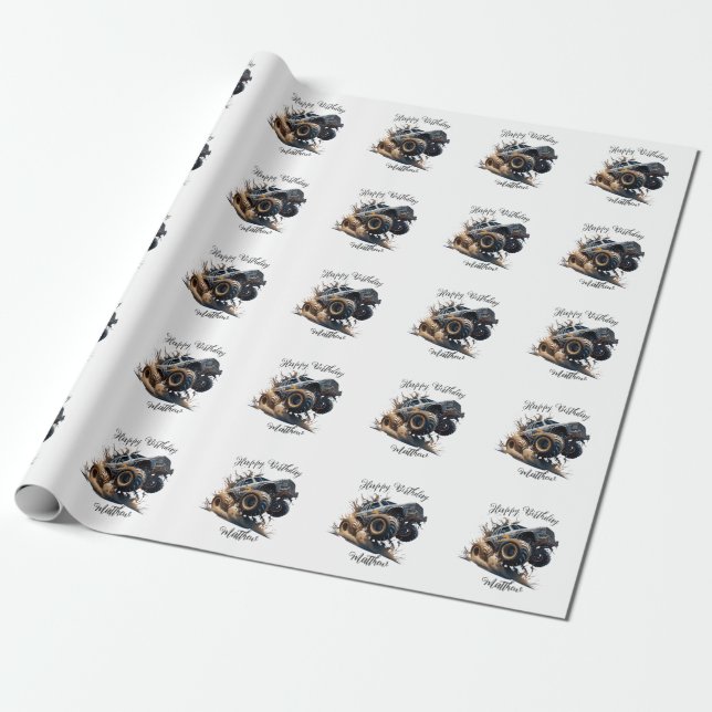 Cute Blue Brown Race Monster Truck Kids' Birthday Wrapping Paper (Unrolled)