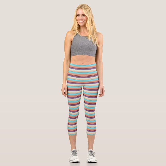 Cute blue brown stripes  capri leggings (Front)