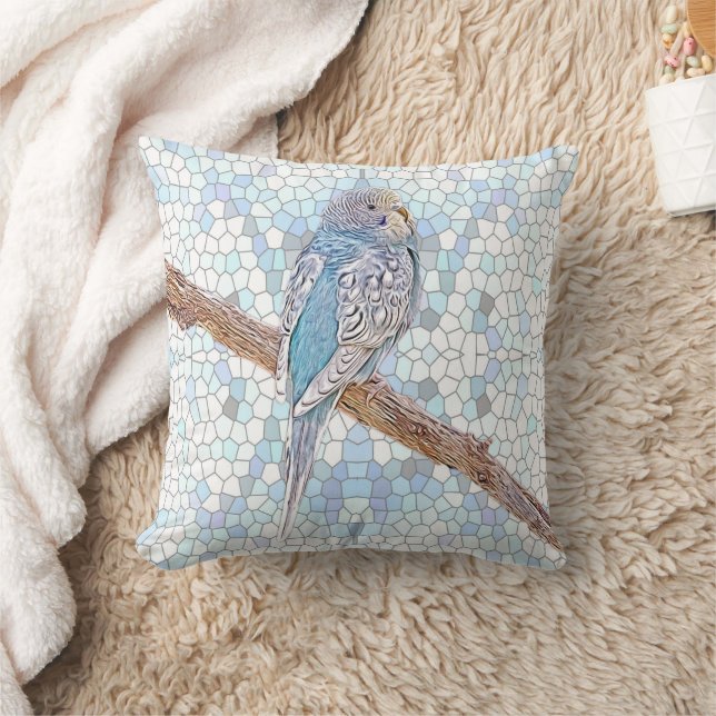 Cute blue budgie on mosaic background    cushion (Blanket)
