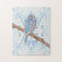 Cute blue budgie on mosaic background  