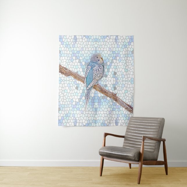 Cute blue budgie on mosaic background  tapestry (In Situ)