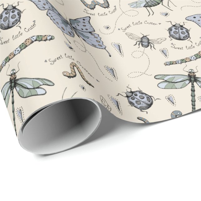 Cute Blue Bugs and Insects Kids Baby Boy Wrapping Paper (Roll Corner)