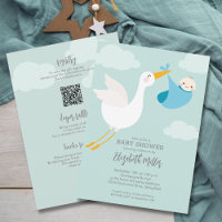 Cute Blue Bundle Stork Baby Shower All In One