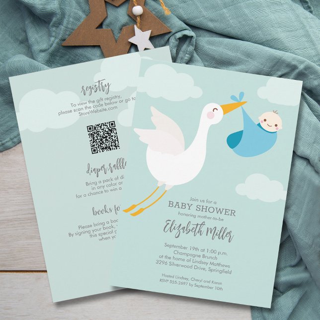 Cute Blue Bundle Stork Baby Shower All In One Invitation (Cute Blue Bundle Stork Boy Baby Shower All In One Invitations, registry QR Code & more on the back)