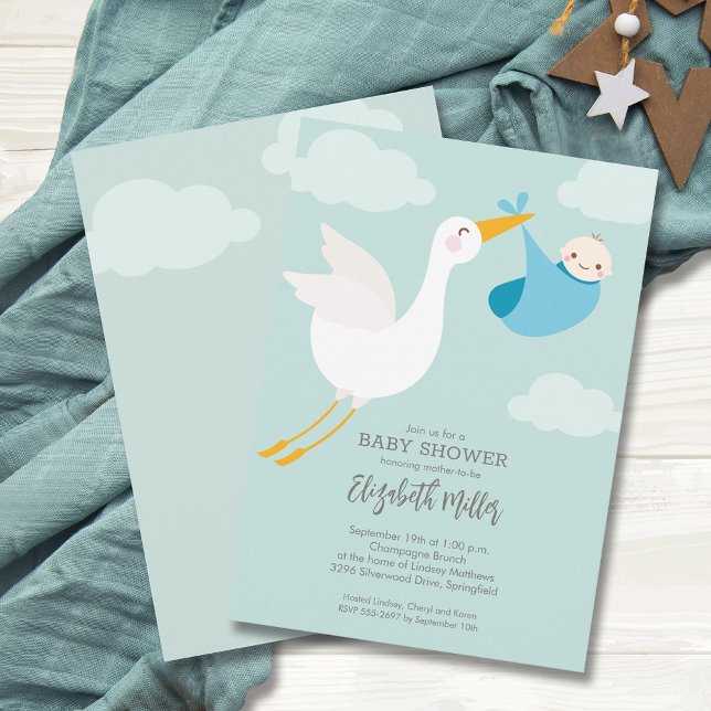 Cute Blue Bundle Stork Baby Shower Invitation (Cute Blue Bundle Stork Boy Baby Shower Invitations, PRINTED and/or INSTANT DOWNLOAD)