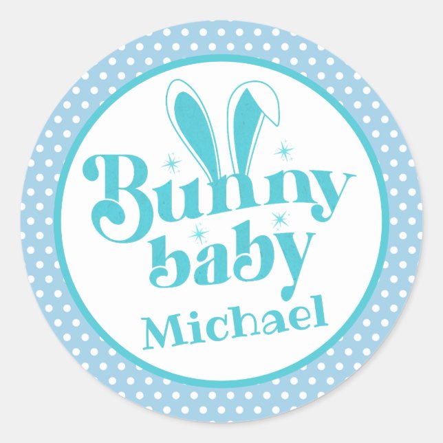 Cute Blue Bunny Baby Boy " Personalised Easter Classic Round Sticker (Front)