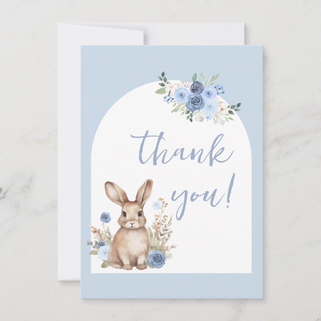 Cute blue bunny baby boy shower thank you card (Front)