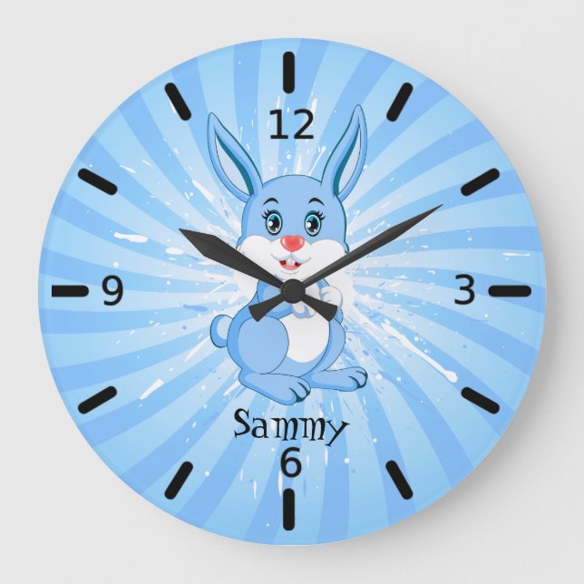 Cute Blue Bunny Cartoon Large Clock (Front)