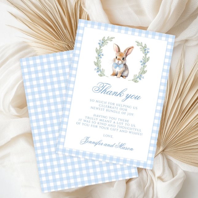 Cute Blue Bunny Easter Gingham Baby Boy Shower Thank You Card (Creator Uploaded)