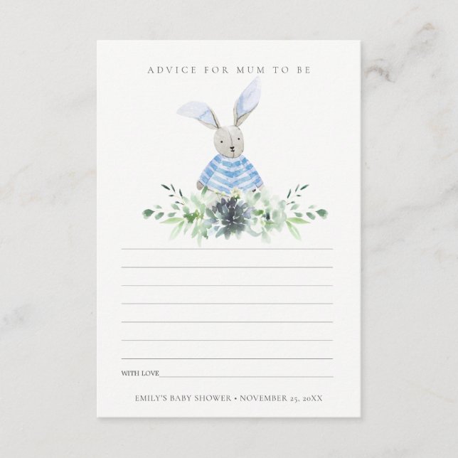 Cute Blue Bunny Foliage Advise for Mum Baby Shower Enclosure Card (Front)
