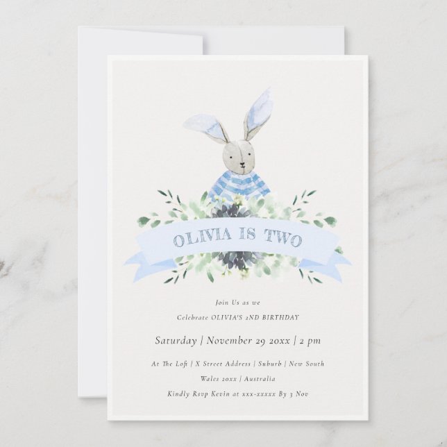 Cute Blue Bunny Foliage Any Age Birthday Invite (Front)