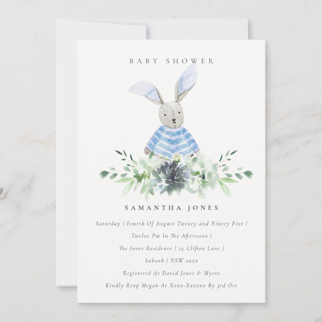 Cute Blue Bunny Garden Foliage Baby Shower Invite (Front)
