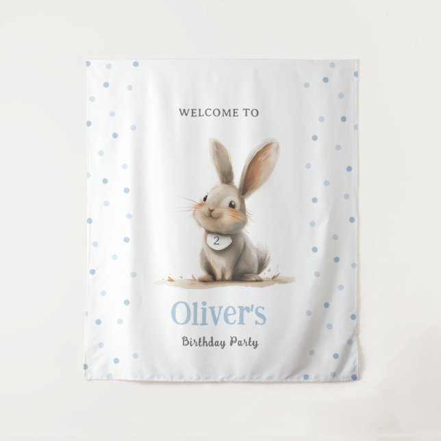 Cute Blue Bunny Kid's Birthday Party Tapestry (Front)