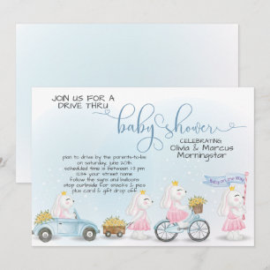 Cute Blue Bunny Parade Drive Thru Baby SHower Invitation