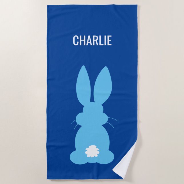 Cute Blue Bunny Silhouette Boys Personalised Beach Towel (Front)