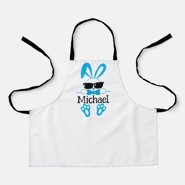 Cute Blue Bunny With Sunglasses Personalised Name Apron (Front)