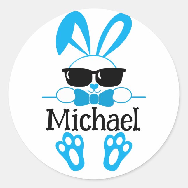 Cute Blue Bunny With Sunglasses Personalised Name Classic Round Sticker (Front)