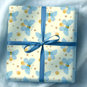 Cute Blue Butterflies With Champagne Glass Wrapping Paper