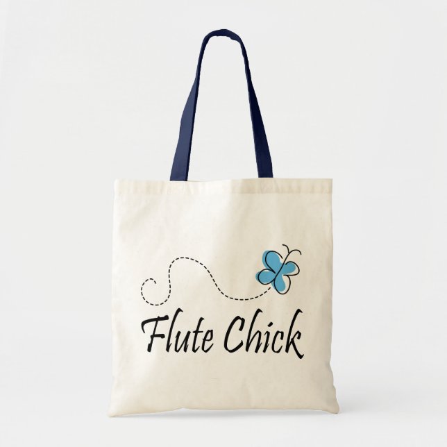 Cute Blue Butterfly Flute Chick Music Gift Tote Bag (Front)