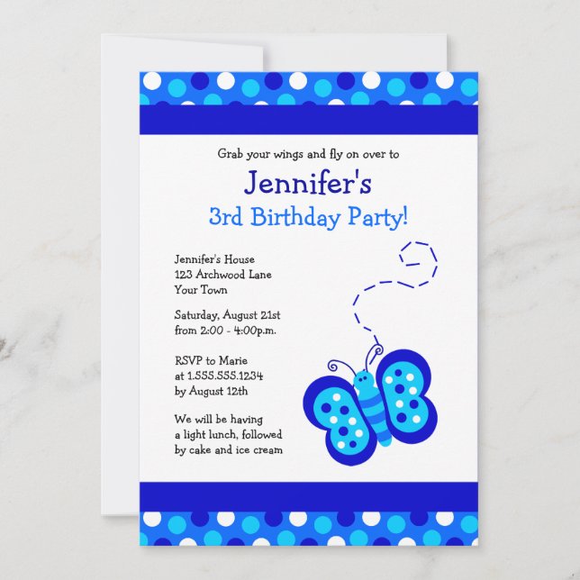 Cute Blue Butterfly w/ Polka Dots Birthday Invite (Front)
