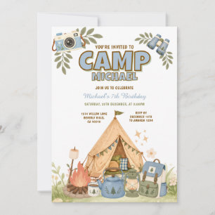 Cute Blue Camping Birthday Outdoor Adventure Party Invitation
