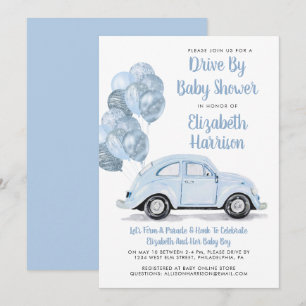 Cute Blue Car Drive By Baby Shower Invitation