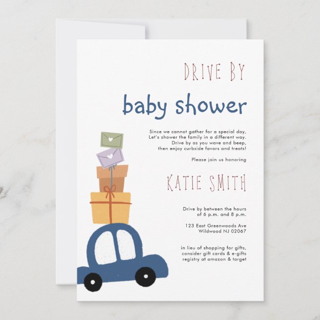 Cute Blue Car with Gifts Drive by Baby Shower Invitation (Front)