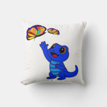 Cute Blue Cartoon Lizard Reaching for Butterflies