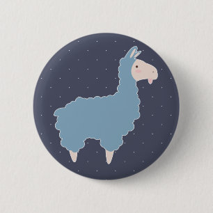 Cute Blue Cartoon Llama & White Dots 6 Cm Round Badge