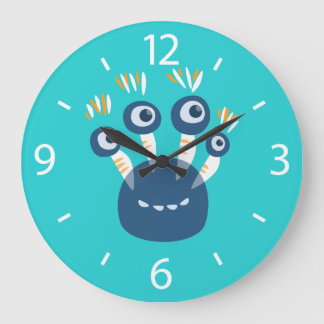 Cute Blue Cartoon Monster With Four Eyes Kids Large Clock