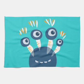 Cute Blue Cartoon Monster With Four Eyes Kids Tea Towel