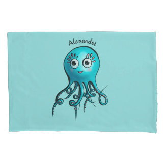 Cute Blue Cartoon Octopus - Smiling Sea Creature Pillowcase