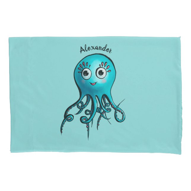 Cute Blue Cartoon Octopus - Smiling Sea Creature Pillowcase (Front)