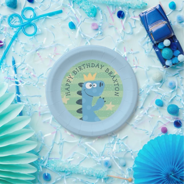 Cute Blue Cartoon T-Rex Child's Birthday Party Paper Plate (Party)