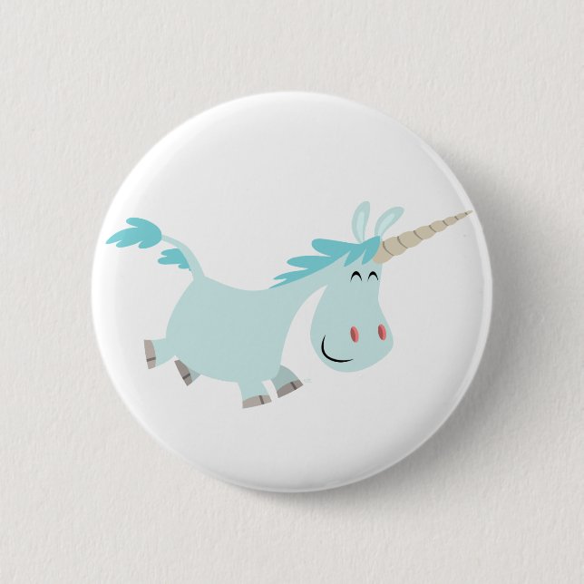 Cute Blue Cartoon Unicorn Button Badge (Front)