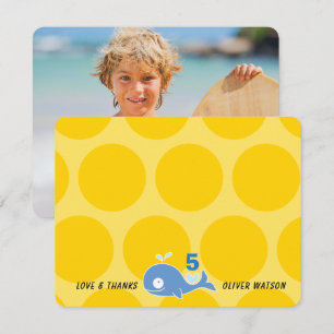 Cute Blue Cartoon Whale Kid's Beach Birthday Photo Thank You Card