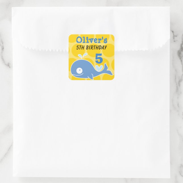 Cute Blue Cartoon Whale Kid's Birthday Party Favou Square Sticker (Bag)