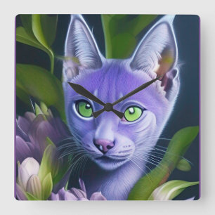 Cute blue cat in purple flowers square wall clock