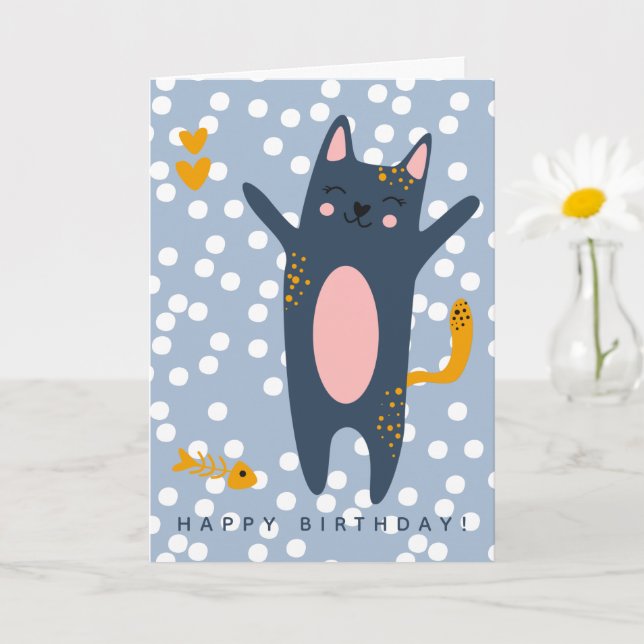 Cute Blue Cat Kids Birthday  Card (Small Plant)