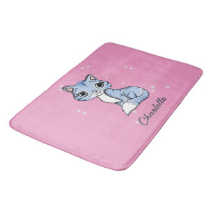 Cute blue cat on pink custom name bath mat