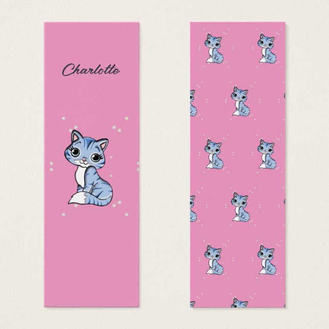 Cute blue cat on pink custom name bookmark (Front & Back)