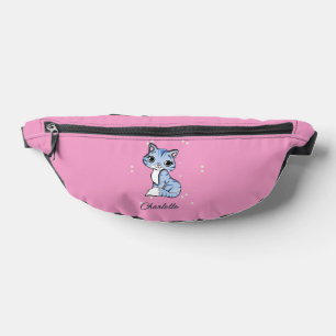 Cute blue cat on pink custom name bum bags