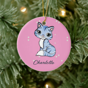 Cute blue cat on pink custom name ceramic tree decoration