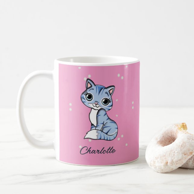 Cute blue cat on pink custom name coffee mug (With Donut)