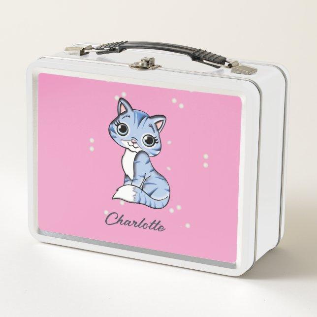Cute blue cat on pink custom name metal lunch box (Front)