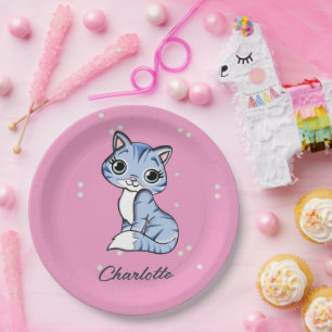 Cute blue cat on pink custom name paper plate