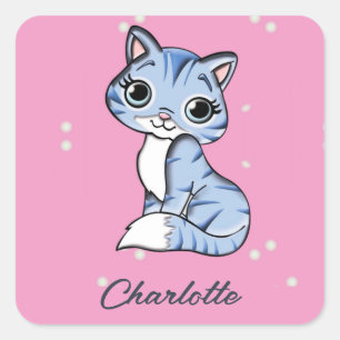 Cute blue cat on pink custom name square sticker
