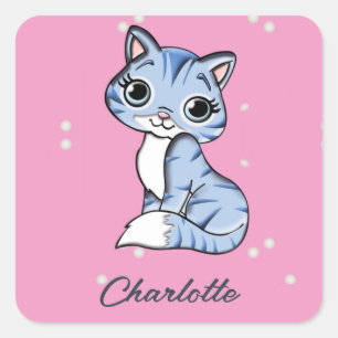 Cute blue cat on pink custom name square sticker