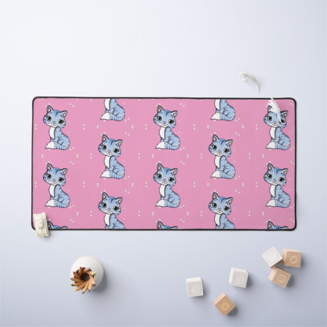 Cute blue cat on pink desk mat (Kids Table)